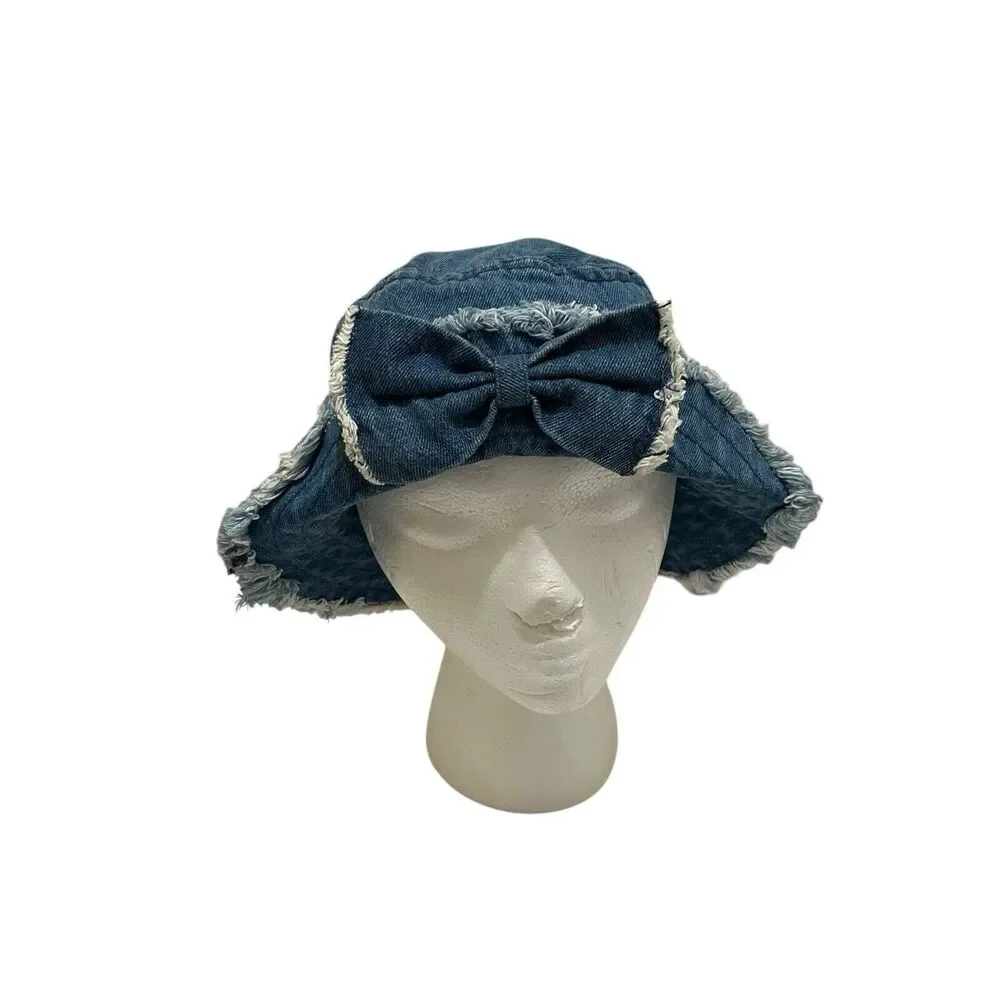 Toddler Girls Blue Denim Chambray Fray Bow Flip Up Bucket Hat Beach Y2K 2-4Y - Picture 1 of 8